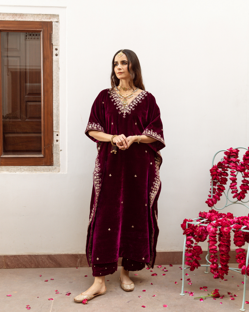 Ibtida - Velvet Embroidered Kaftan Set silk Buy Ibtida - Velvet Embroidered Kaftan Set from C&W | Kurta/Kurta Sets for Women by Maison Shefali in purple color for women in Singapore