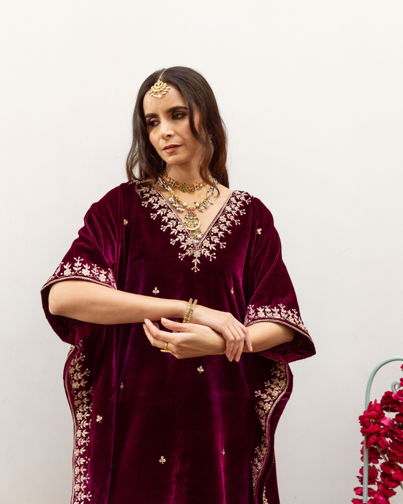 Ibtida - Velvet Embroidered Kaftan Set silk Buy Ibtida - Velvet Embroidered Kaftan Set from C&W | Kurta/Kurta Sets for Women by Maison Shefali in purple color for women in Singapore
