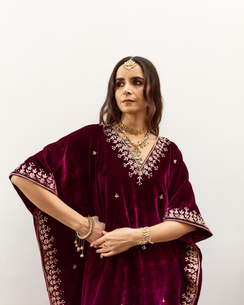Ibtida - Velvet Embroidered Kaftan Set silk Buy Ibtida - Velvet Embroidered Kaftan Set from C&W | Kurta/Kurta Sets for Women by Maison Shefali in purple color for women in Singapore