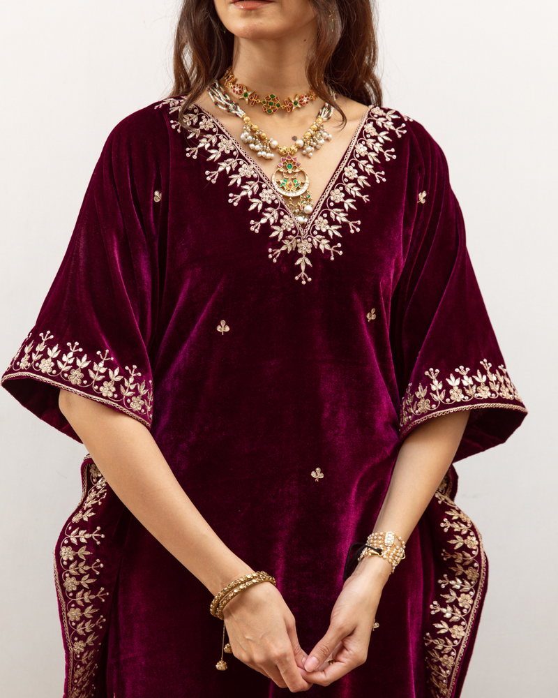 Ibtida - Velvet Embroidered Kaftan Set silk Buy Ibtida - Velvet Embroidered Kaftan Set from C&W | Kurta/Kurta Sets for Women by Maison Shefali in purple color for women in Singapore