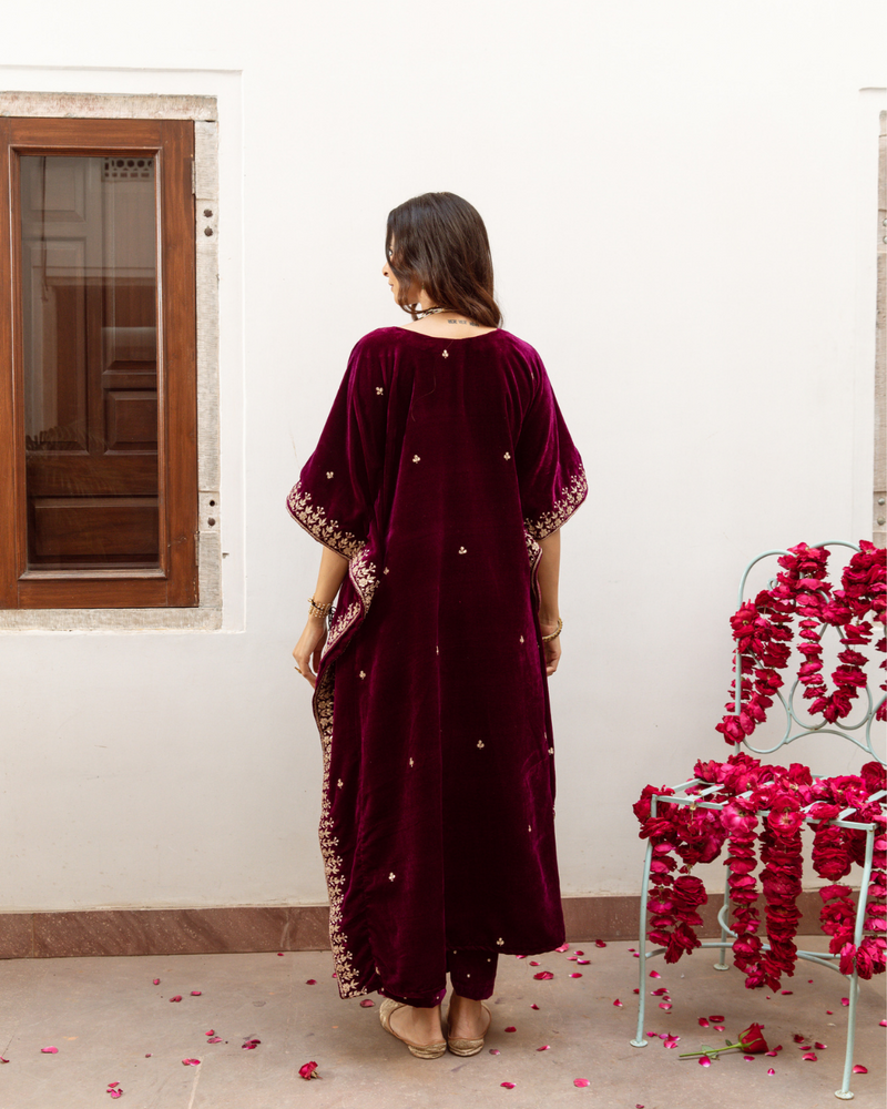 Ibtida - Velvet Embroidered Kaftan Set silk Buy Ibtida - Velvet Embroidered Kaftan Set from C&W | Kurta/Kurta Sets for Women by Maison Shefali in purple color for women in Singapore