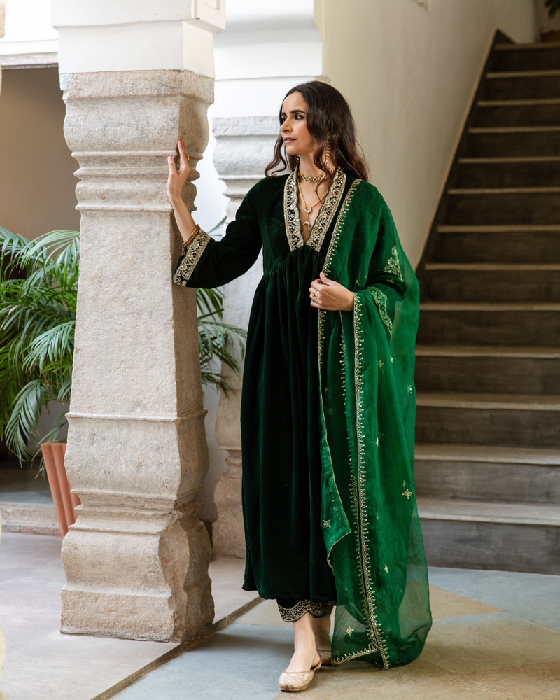 Khizaan Panna - Velvet Embroidered Suit Set Buy Khizaan Panna - Velvet Embroidered Suit Set from C&W | Kurta/Kurta Sets for Women by Maison Shefali in green color for women in Singapore