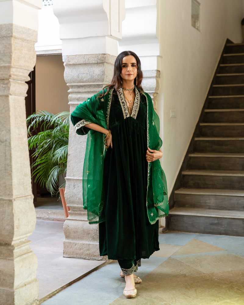 Khizaan Panna - Velvet Embroidered Suit Set Buy Khizaan Panna - Velvet Embroidered Suit Set from C&W | Kurta/Kurta Sets for Women by Maison Shefali in green color for women in Singapore