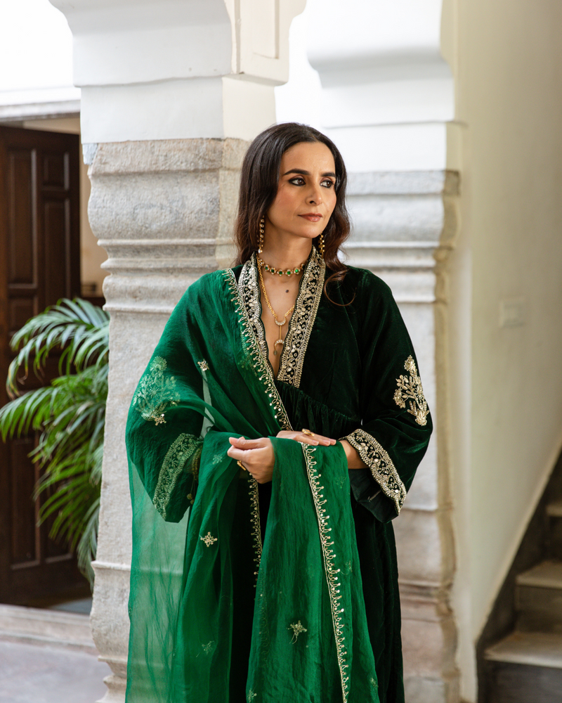 Khizaan Panna - Velvet Embroidered Suit Set Buy Khizaan Panna - Velvet Embroidered Suit Set from C&W | Kurta/Kurta Sets for Women by Maison Shefali in green color for women in Singapore