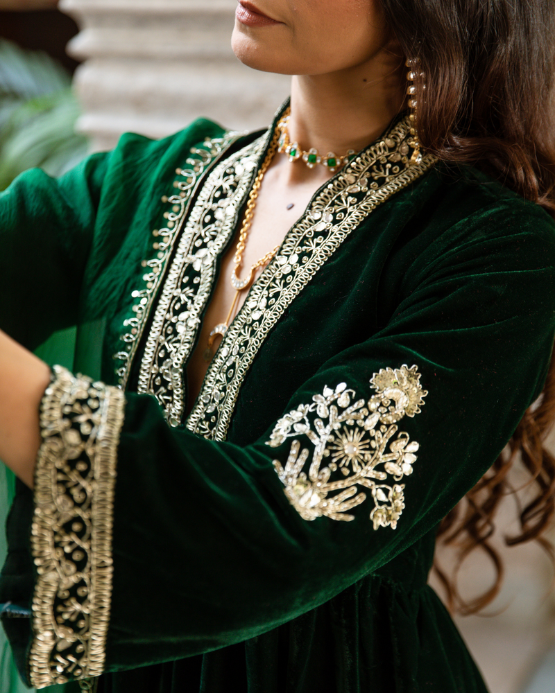 Khizaan Panna - Velvet Embroidered Suit Set Buy Khizaan Panna - Velvet Embroidered Suit Set from C&W | Kurta/Kurta Sets for Women by Maison Shefali in green color for women in Singapore