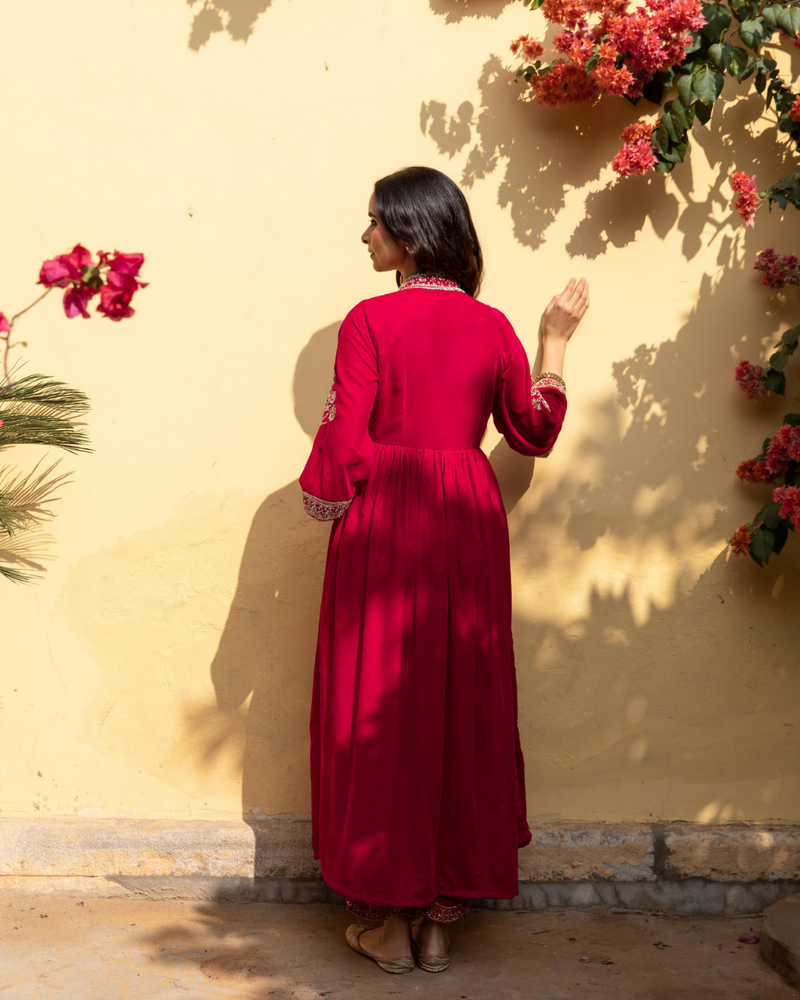 Khizaan Gulabi - Velvet Embroidered Suit Set Buy Khizaan Gulabi - Velvet Embroidered Suit Set from C&W | Kurta/Kurta Sets for Women by Maison Shefali in red color for women in Singapore