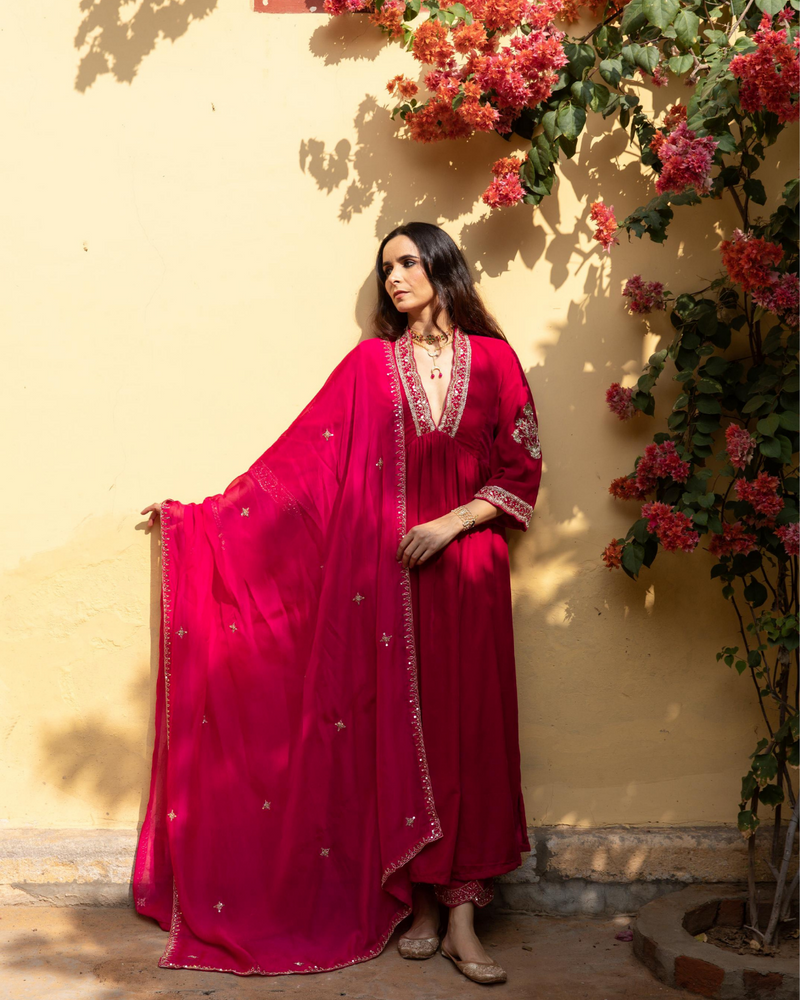 Khizaan Gulabi - Velvet Embroidered Suit Set Buy Khizaan Gulabi - Velvet Embroidered Suit Set from C&W | Kurta/Kurta Sets for Women by Maison Shefali in red color for women in Singapore