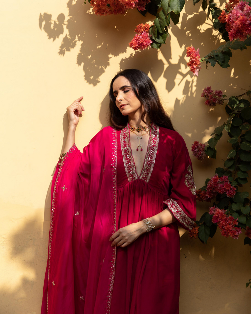 Khizaan Gulabi - Velvet Embroidered Suit Set Buy Khizaan Gulabi - Velvet Embroidered Suit Set from C&W | Kurta/Kurta Sets for Women by Maison Shefali in red color for women in Singapore