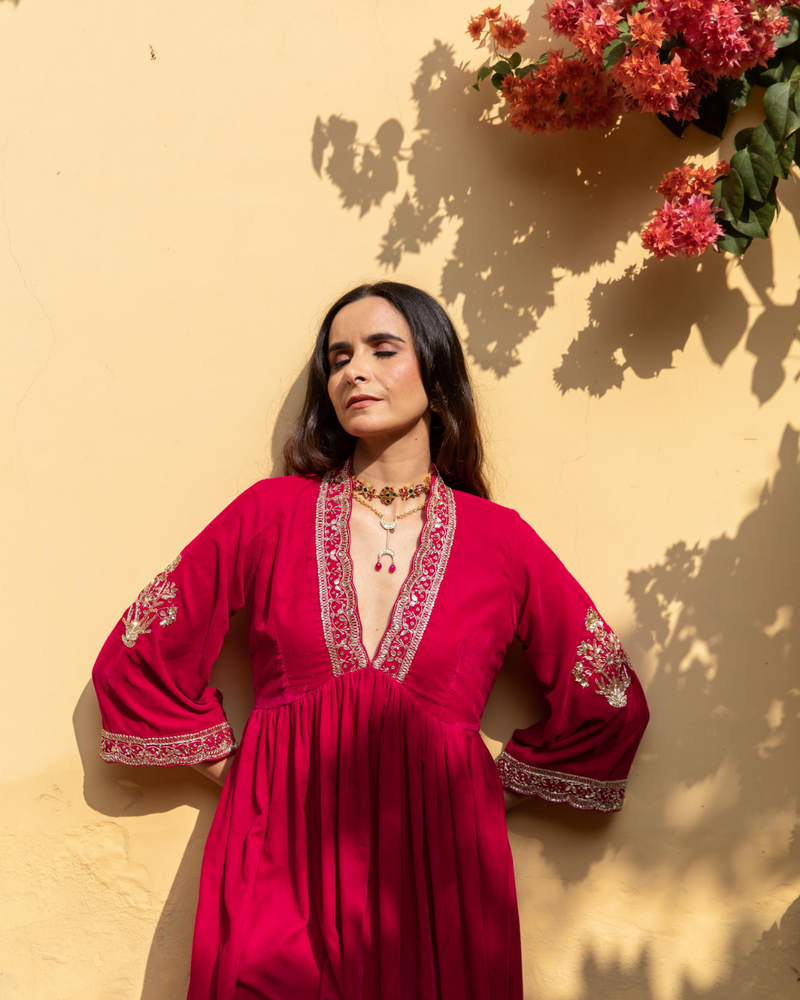Khizaan Gulabi - Velvet Embroidered Suit Set Buy Khizaan Gulabi - Velvet Embroidered Suit Set from C&W | Kurta/Kurta Sets for Women by Maison Shefali in red color for women in Singapore