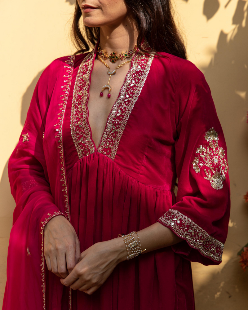 Khizaan Gulabi - Velvet Embroidered Suit Set Buy Khizaan Gulabi - Velvet Embroidered Suit Set from C&W | Kurta/Kurta Sets for Women by Maison Shefali in red color for women in Singapore
