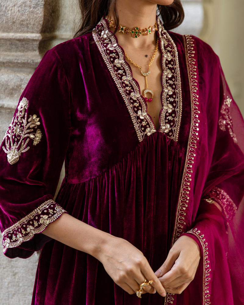 Khizaan - Velvet Embroidered Suit Set Buy Khizaan - Velvet Embroidered Suit Set from C&W | Kurta/Kurta Sets for Women by Maison Shefali in purple color for women in Singapore
