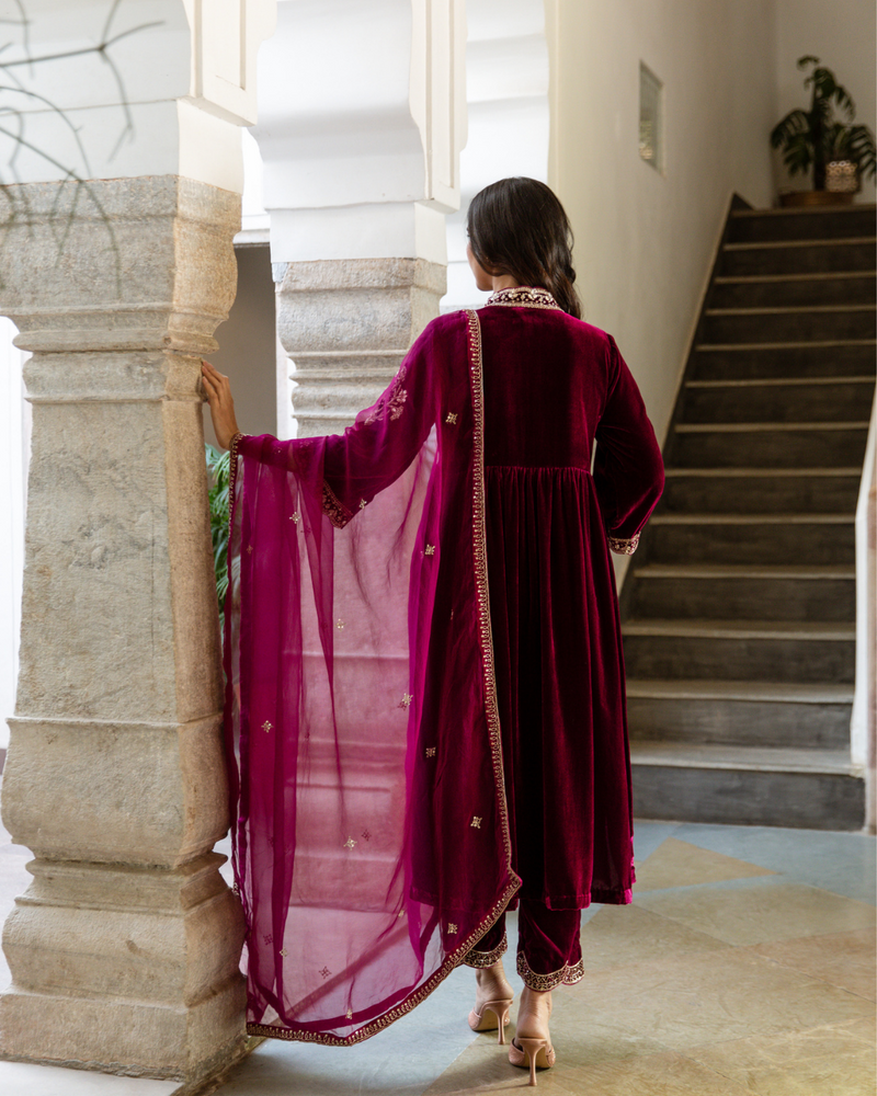 Khizaan - Velvet Embroidered Suit Set Buy Khizaan - Velvet Embroidered Suit Set from C&W | Kurta/Kurta Sets for Women by Maison Shefali in purple color for women in Singapore