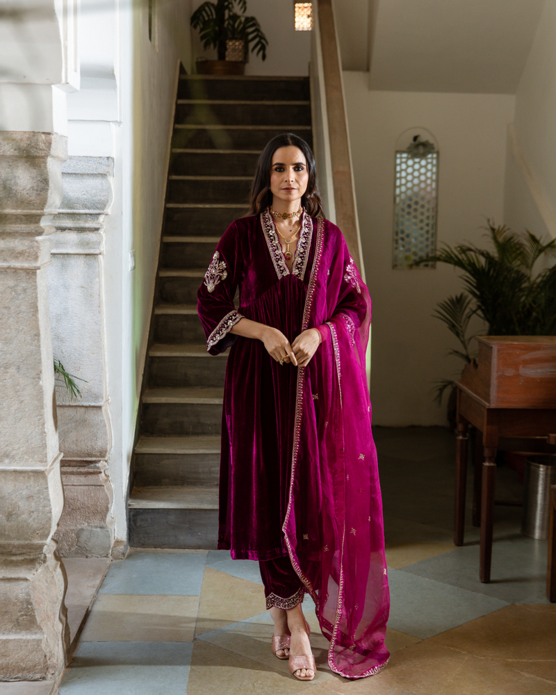 Khizaan - Velvet Embroidered Suit Set Buy Khizaan - Velvet Embroidered Suit Set from C&W | Kurta/Kurta Sets for Women by Maison Shefali in purple color for women in Singapore