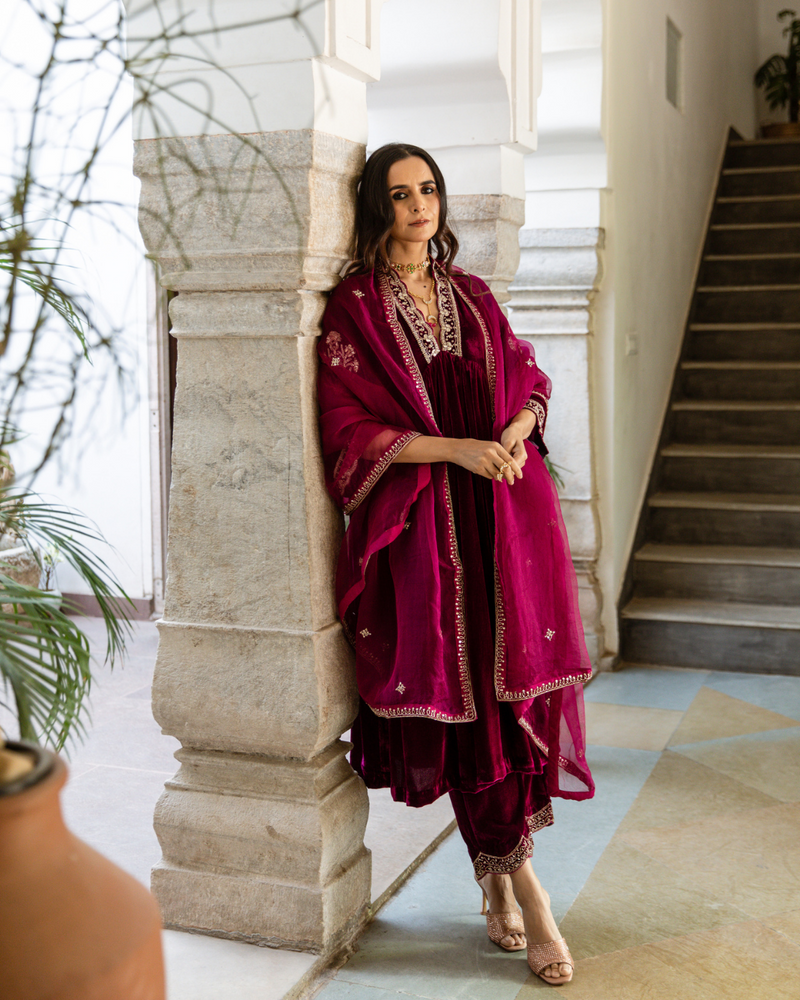 Khizaan - Velvet Embroidered Suit Set Buy Khizaan - Velvet Embroidered Suit Set from C&W | Kurta/Kurta Sets for Women by Maison Shefali in purple color for women in Singapore