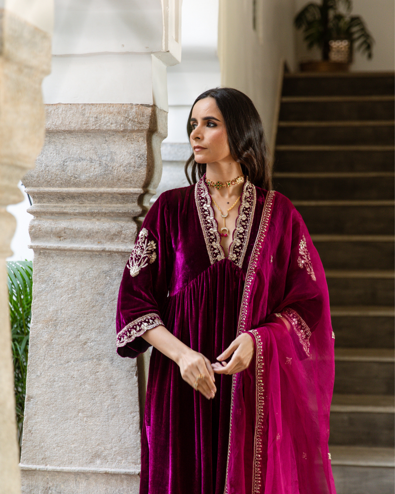 Khizaan - Velvet Embroidered Suit Set Buy Khizaan - Velvet Embroidered Suit Set from C&W | Kurta/Kurta Sets for Women by Maison Shefali in purple color for women in Singapore