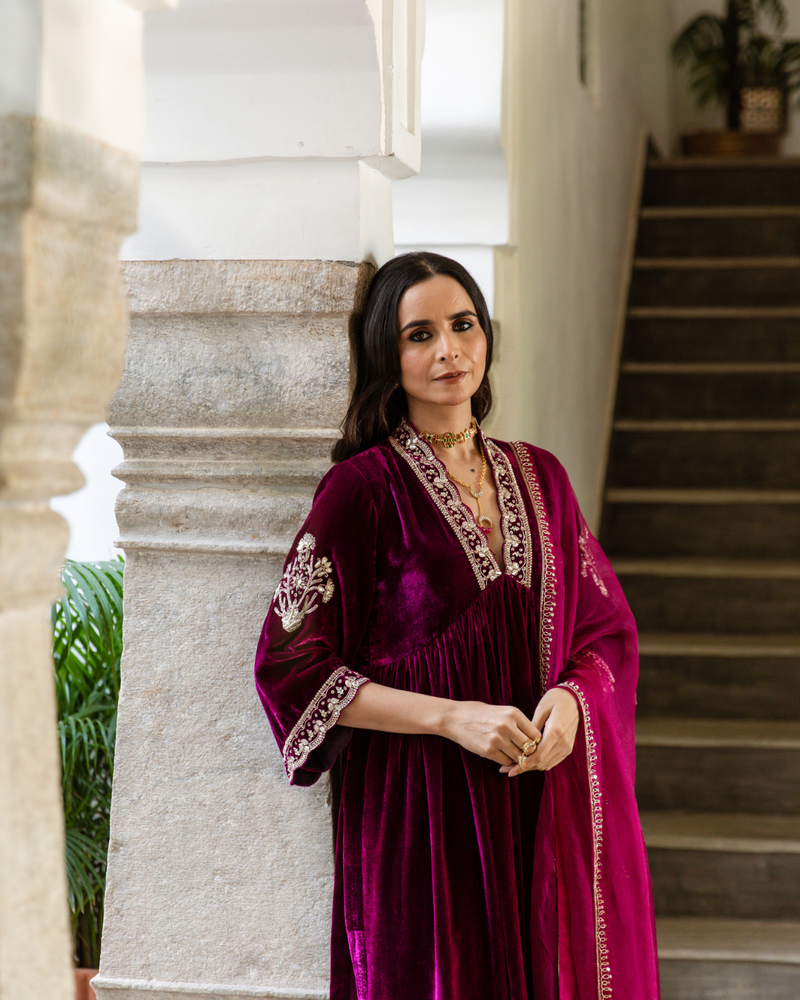 Khizaan - Velvet Embroidered Suit Set Buy Khizaan - Velvet Embroidered Suit Set from C&W | Kurta/Kurta Sets for Women by Maison Shefali in purple color for women in Singapore