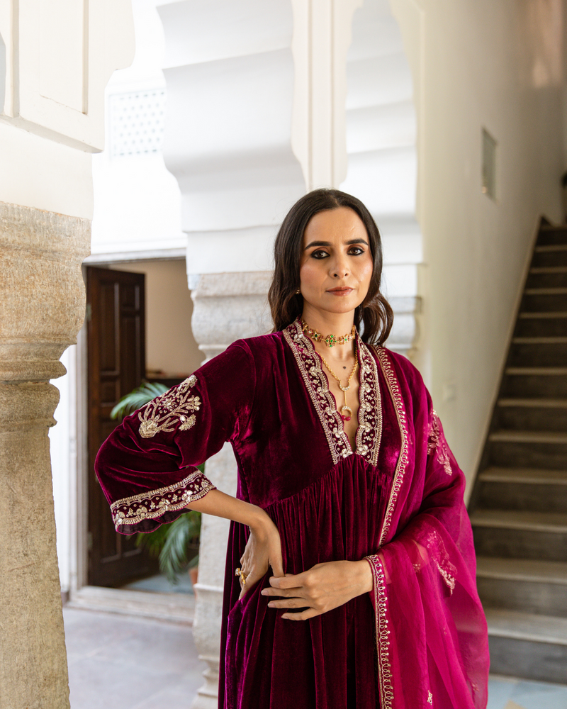 Khizaan - Velvet Embroidered Suit Set Buy Khizaan - Velvet Embroidered Suit Set from C&W | Kurta/Kurta Sets for Women by Maison Shefali in purple color for women in Singapore