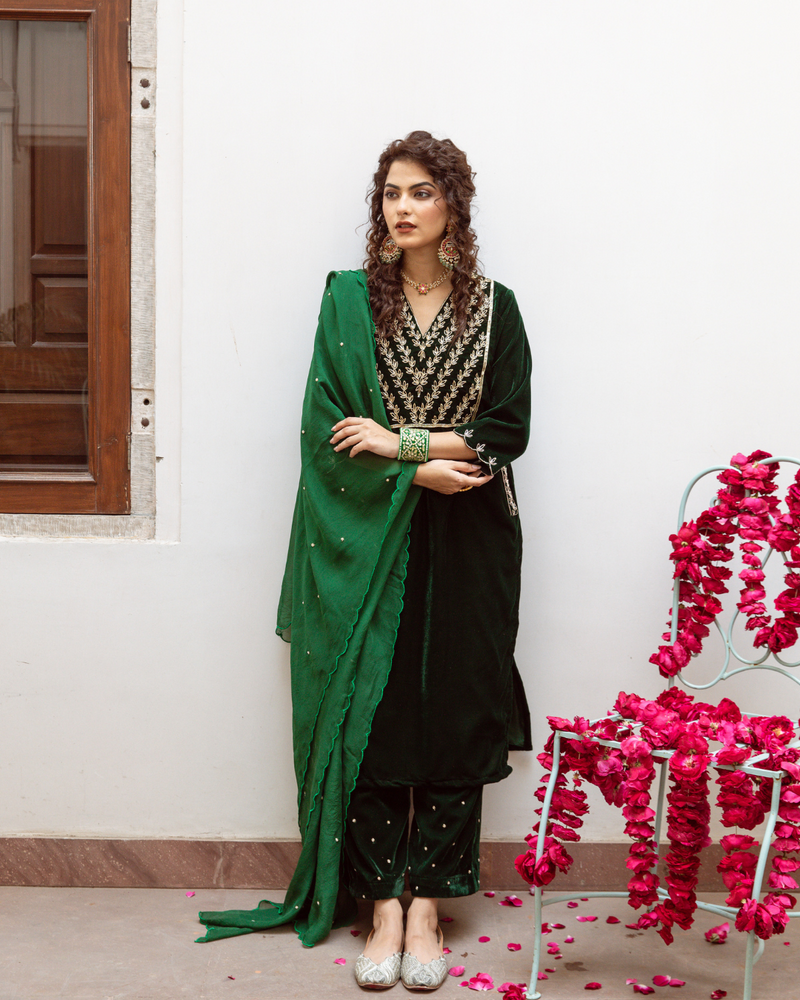 Roya Panna - Velvet Embroidered Suit Set Buy Roya Panna - Velvet Embroidered Suit Set from C&W | Kurta/Kurta Sets for Women by Maison Shefali in green color for women in Singapore