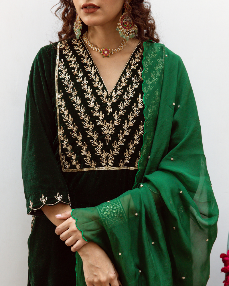 Roya Panna - Velvet Embroidered Suit Set Buy Roya Panna - Velvet Embroidered Suit Set from C&W | Kurta/Kurta Sets for Women by Maison Shefali in green color for women in Singapore