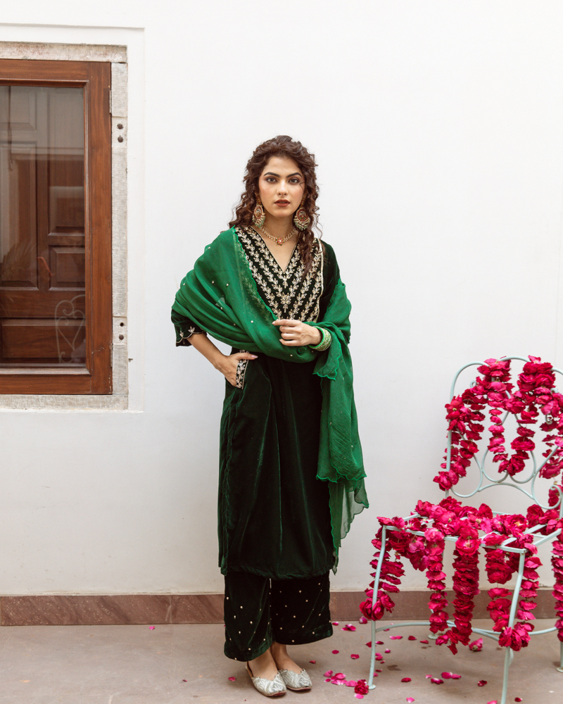 Roya Panna - Velvet Embroidered Suit Set Buy Roya Panna - Velvet Embroidered Suit Set from C&W | Kurta/Kurta Sets for Women by Maison Shefali in green color for women in Singapore