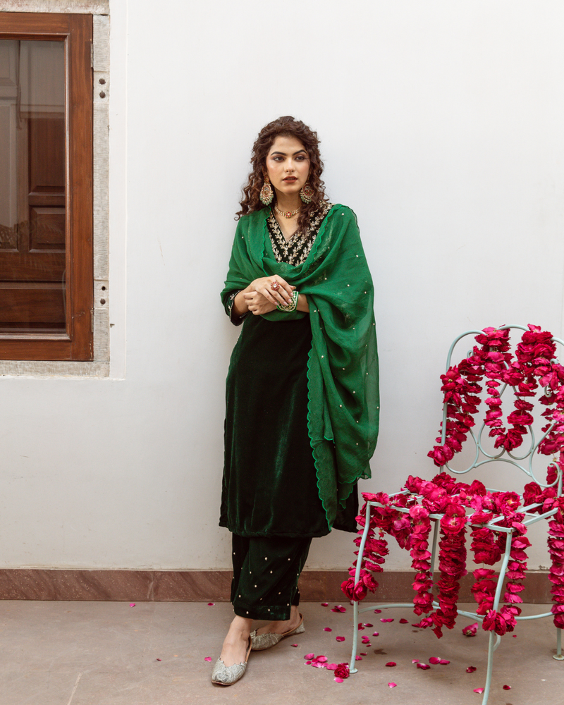 Roya Panna - Velvet Embroidered Suit Set Buy Roya Panna - Velvet Embroidered Suit Set from C&W | Kurta/Kurta Sets for Women by Maison Shefali in green color for women in Singapore
