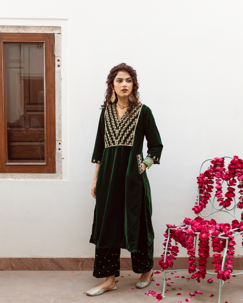 Roya Panna - Velvet Embroidered Suit Set Buy Roya Panna - Velvet Embroidered Suit Set from C&W | Kurta/Kurta Sets for Women by Maison Shefali in green color for women in Singapore