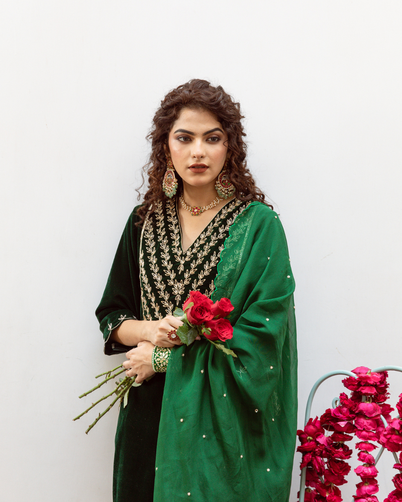 Roya Panna - Velvet Embroidered Suit Set Buy Roya Panna - Velvet Embroidered Suit Set from C&W | Kurta/Kurta Sets for Women by Maison Shefali in green color for women in Singapore