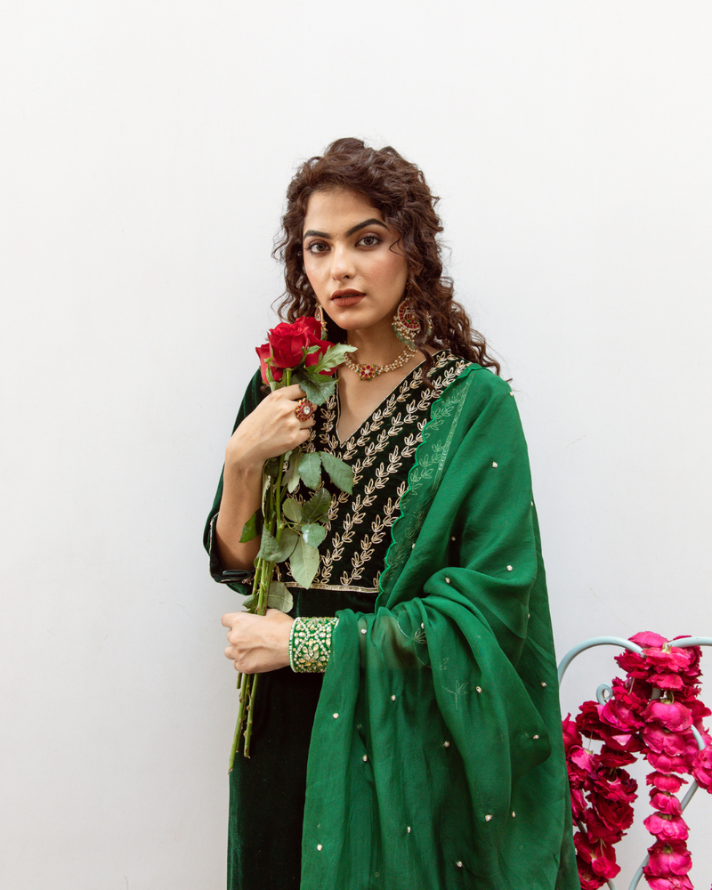 Roya Panna - Velvet Embroidered Suit Set Buy Roya Panna - Velvet Embroidered Suit Set from C&W | Kurta/Kurta Sets for Women by Maison Shefali in green color for women in Singapore