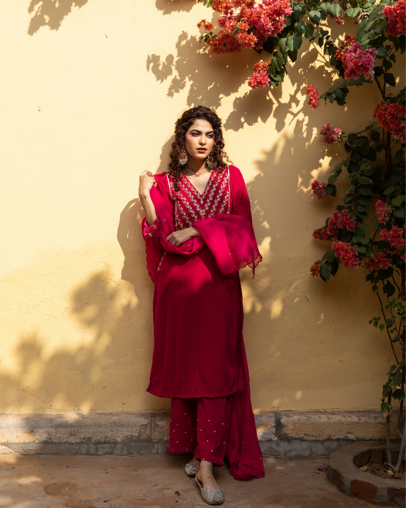 Roya Gulabi - Velvet Embroidered Suit Set Buy Roya Gulabi - Velvet Embroidered Suit Set from C&W | Kurta/Kurta Sets for Women by Maison Shefali in red color for women in Singapore