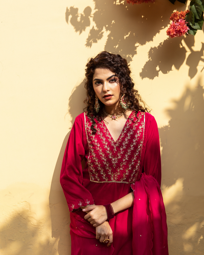 Roya Gulabi - Velvet Embroidered Suit Set Buy Roya Gulabi - Velvet Embroidered Suit Set from C&W | Kurta/Kurta Sets for Women by Maison Shefali in red color for women in Singapore
