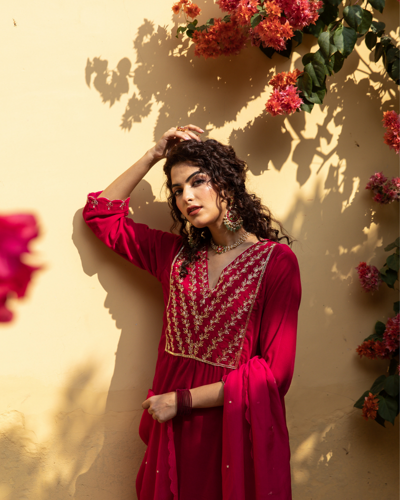 Roya Gulabi - Velvet Embroidered Suit Set Buy Roya Gulabi - Velvet Embroidered Suit Set from C&W | Kurta/Kurta Sets for Women by Maison Shefali in red color for women in Singapore