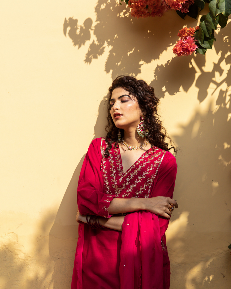 Roya Gulabi - Velvet Embroidered Suit Set Buy Roya Gulabi - Velvet Embroidered Suit Set from C&W | Kurta/Kurta Sets for Women by Maison Shefali in red color for women in Singapore