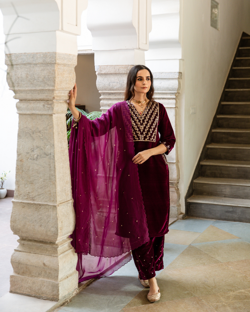 Roya - Velvet Embroidered Suit Set Buy Roya - Velvet Embroidered Suit Set from C&W | Kurta/Kurta Sets for Women by Maison Shefali in purple color for women in Singapore