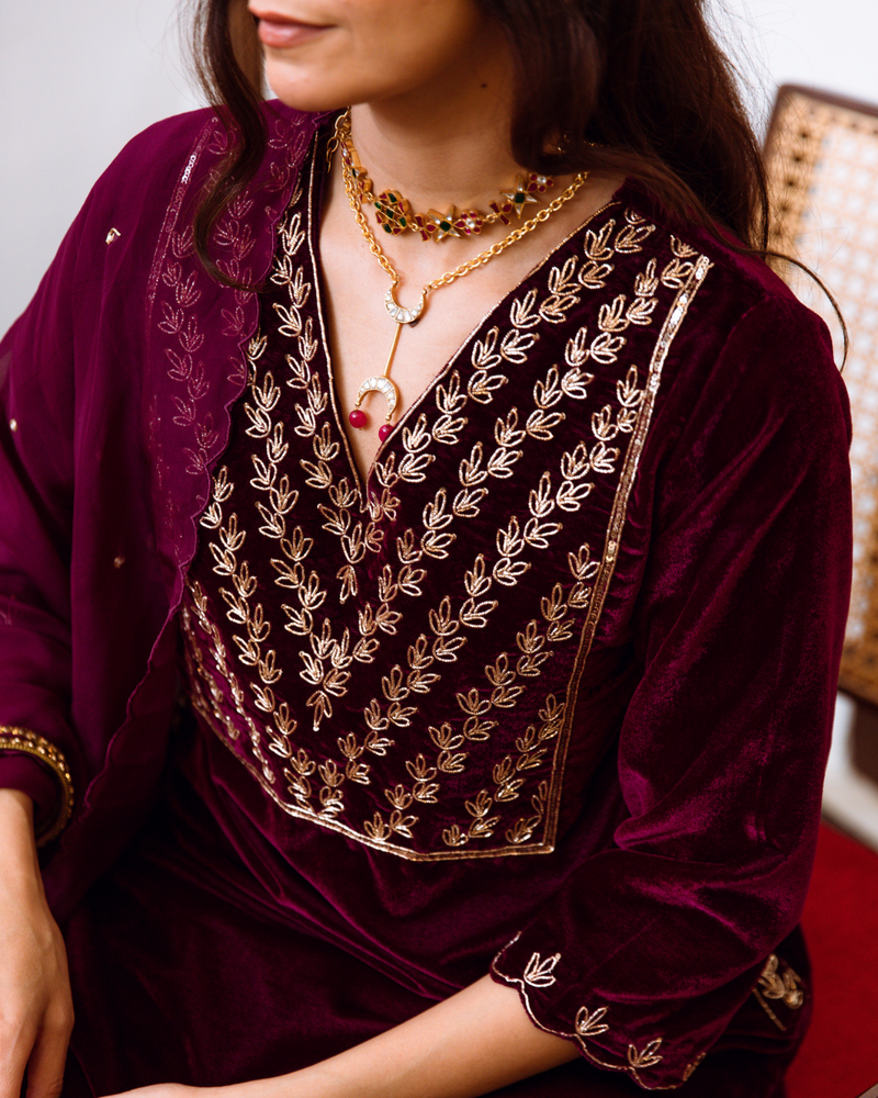 Roya - Velvet Embroidered Suit Set Buy Roya - Velvet Embroidered Suit Set from C&W | Kurta/Kurta Sets for Women by Maison Shefali in purple color for women in Singapore