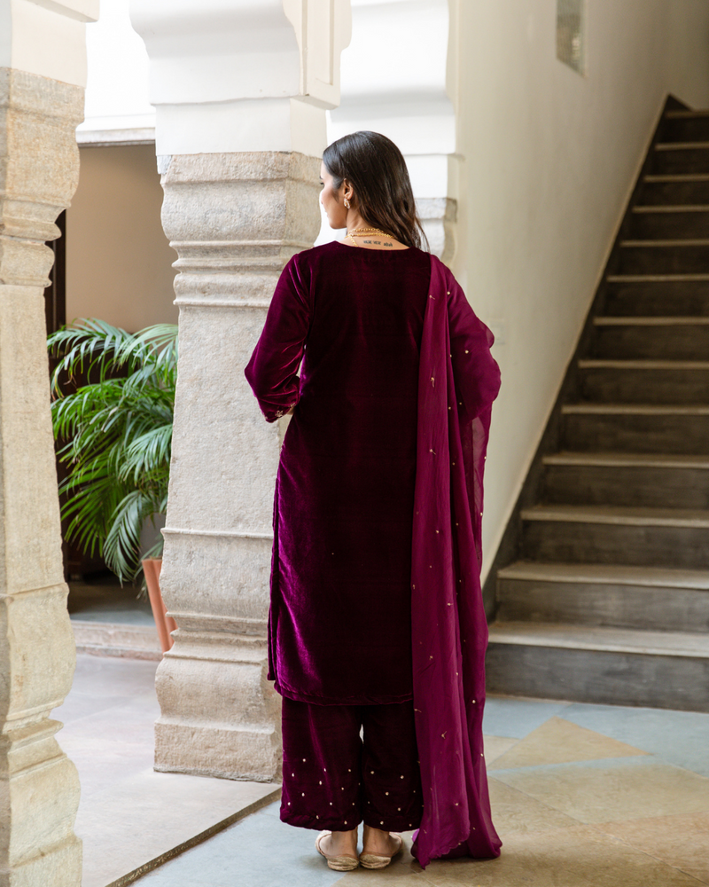 Roya - Velvet Embroidered Suit Set Buy Roya - Velvet Embroidered Suit Set from C&W | Kurta/Kurta Sets for Women by Maison Shefali in purple color for women in Singapore
