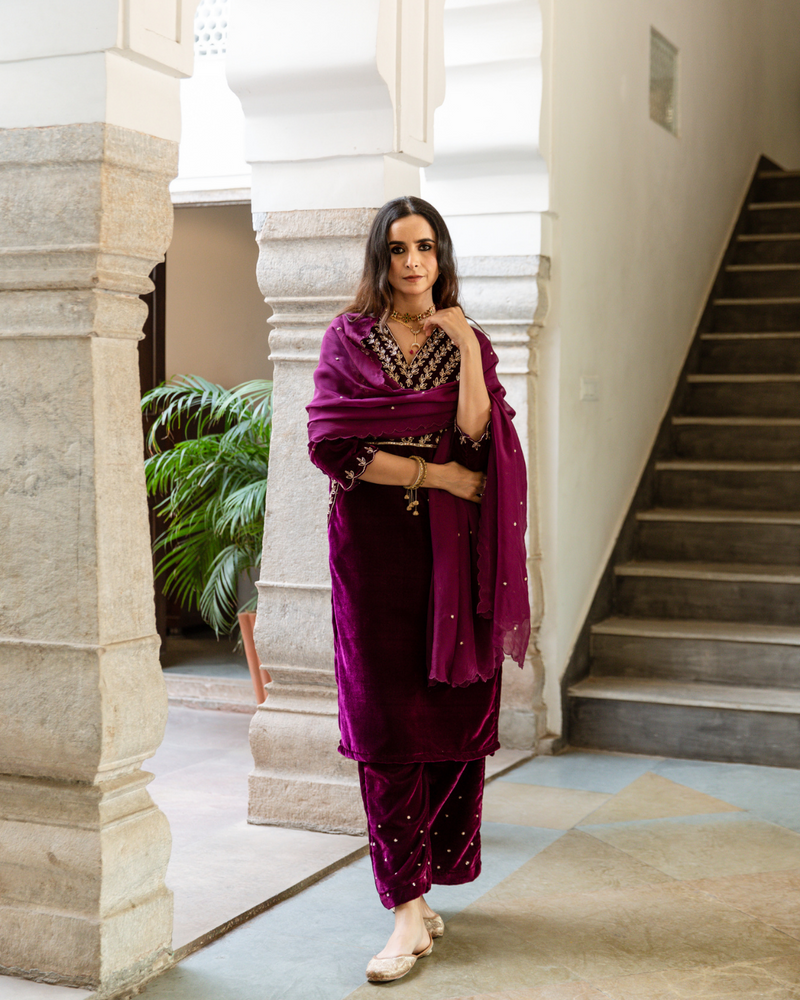 Roya - Velvet Embroidered Suit Set Buy Roya - Velvet Embroidered Suit Set from C&W | Kurta/Kurta Sets for Women by Maison Shefali in purple color for women in Singapore