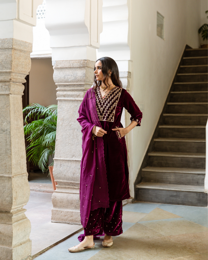 Roya - Velvet Embroidered Suit Set Buy Roya - Velvet Embroidered Suit Set from C&W | Kurta/Kurta Sets for Women by Maison Shefali in purple color for women in Singapore