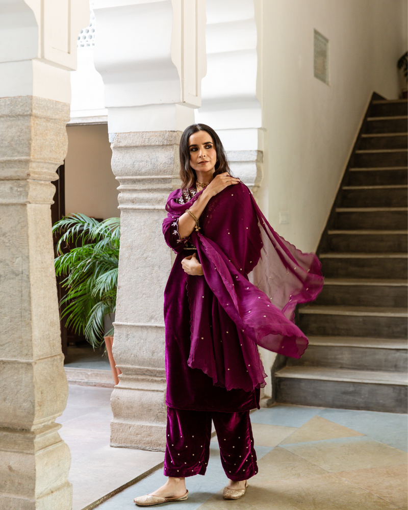 Roya - Velvet Embroidered Suit Set Buy Roya - Velvet Embroidered Suit Set from C&W | Kurta/Kurta Sets for Women by Maison Shefali in purple color for women in Singapore