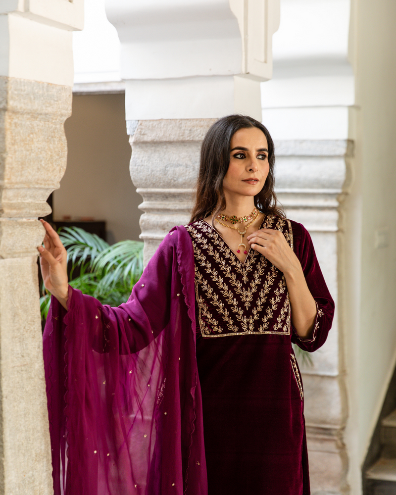 Roya - Velvet Embroidered Suit Set Buy Roya - Velvet Embroidered Suit Set from C&W | Kurta/Kurta Sets for Women by Maison Shefali in purple color for women in Singapore
