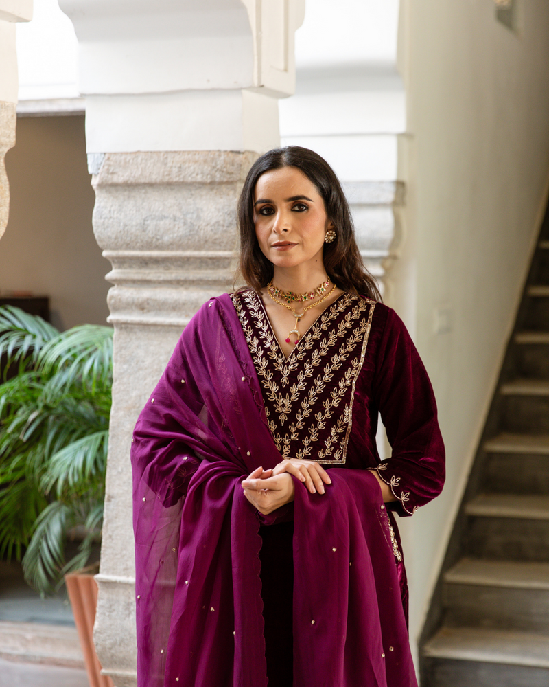 Roya - Velvet Embroidered Suit Set Buy Roya - Velvet Embroidered Suit Set from C&W | Kurta/Kurta Sets for Women by Maison Shefali in purple color for women in Singapore