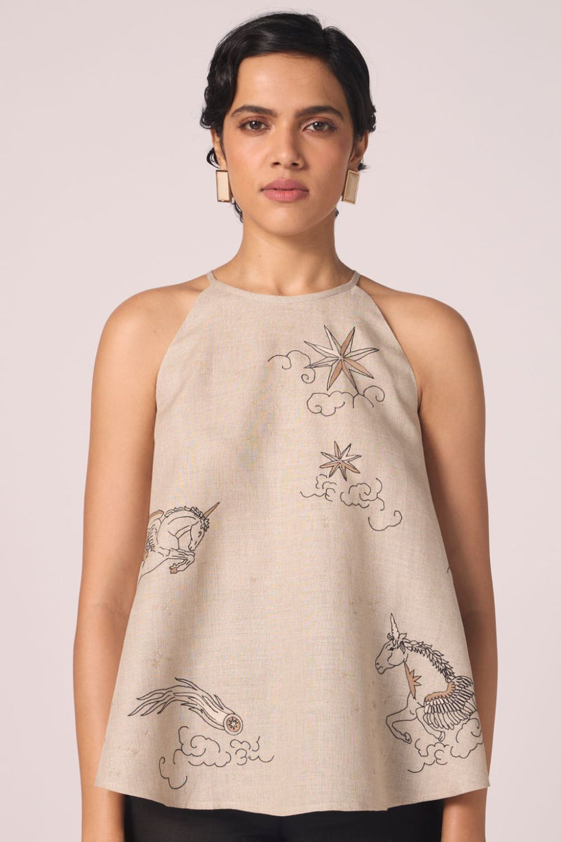 Maarah Beige Linen Halter Top linen by The Summer House in beige color for women in Singapore