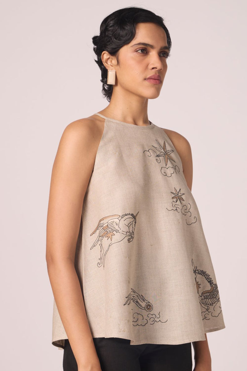 Maarah Beige Linen Halter Top linen by The Summer House in beige color for women in Singapore