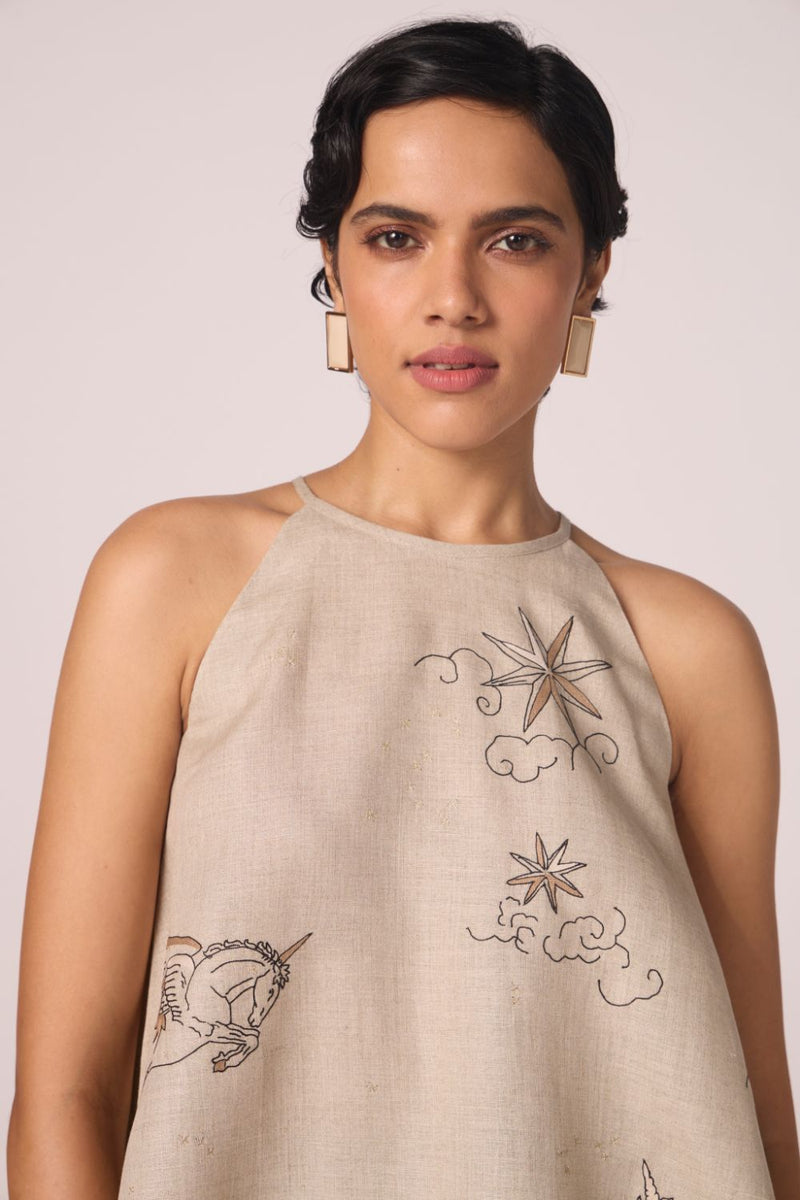 Maarah Beige Linen Halter Top linen by The Summer House in beige color for women in Singapore