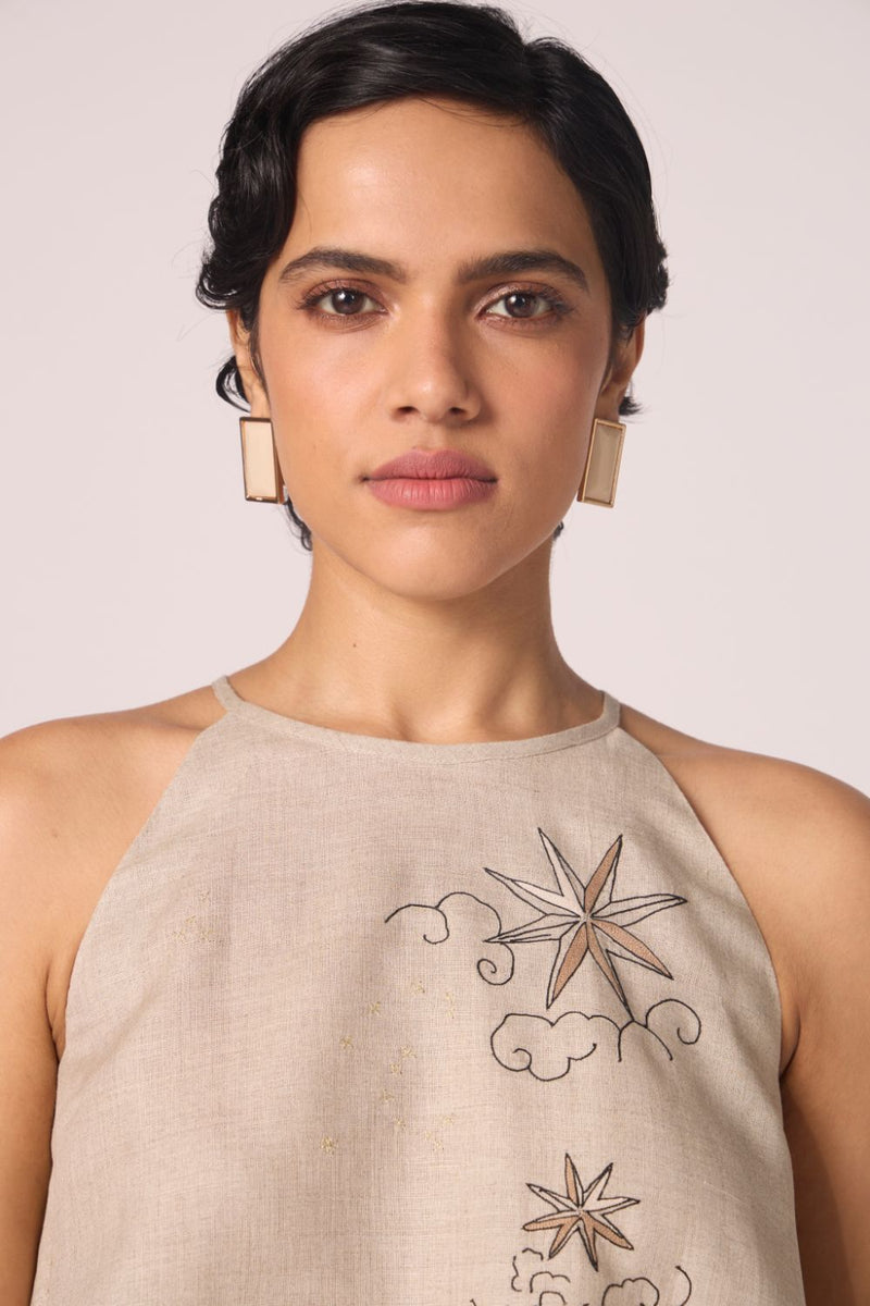 Maarah Beige Linen Halter Top linen by The Summer House in beige color for women in Singapore