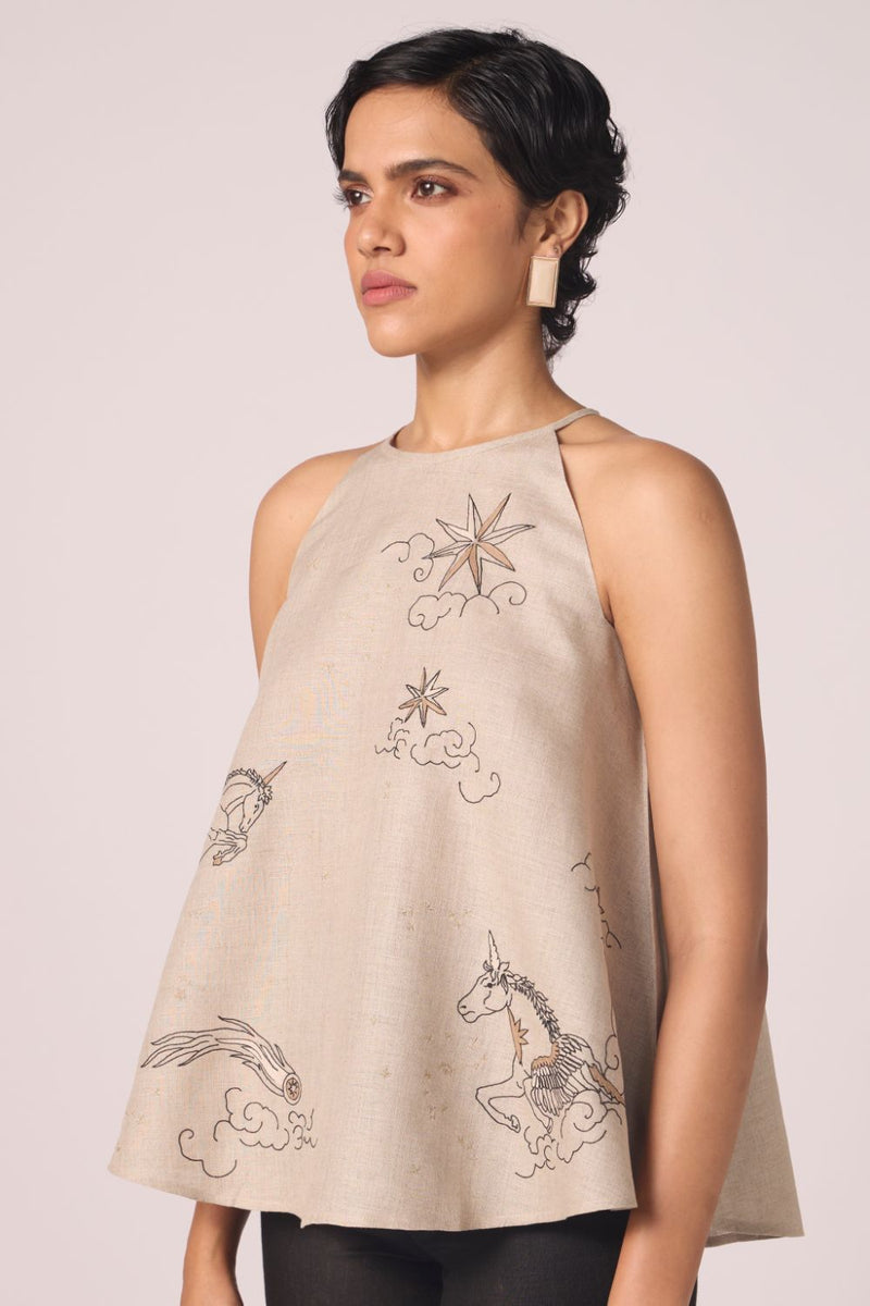 Maarah Beige Linen Halter Top linen by The Summer House in beige color for women in Singapore
