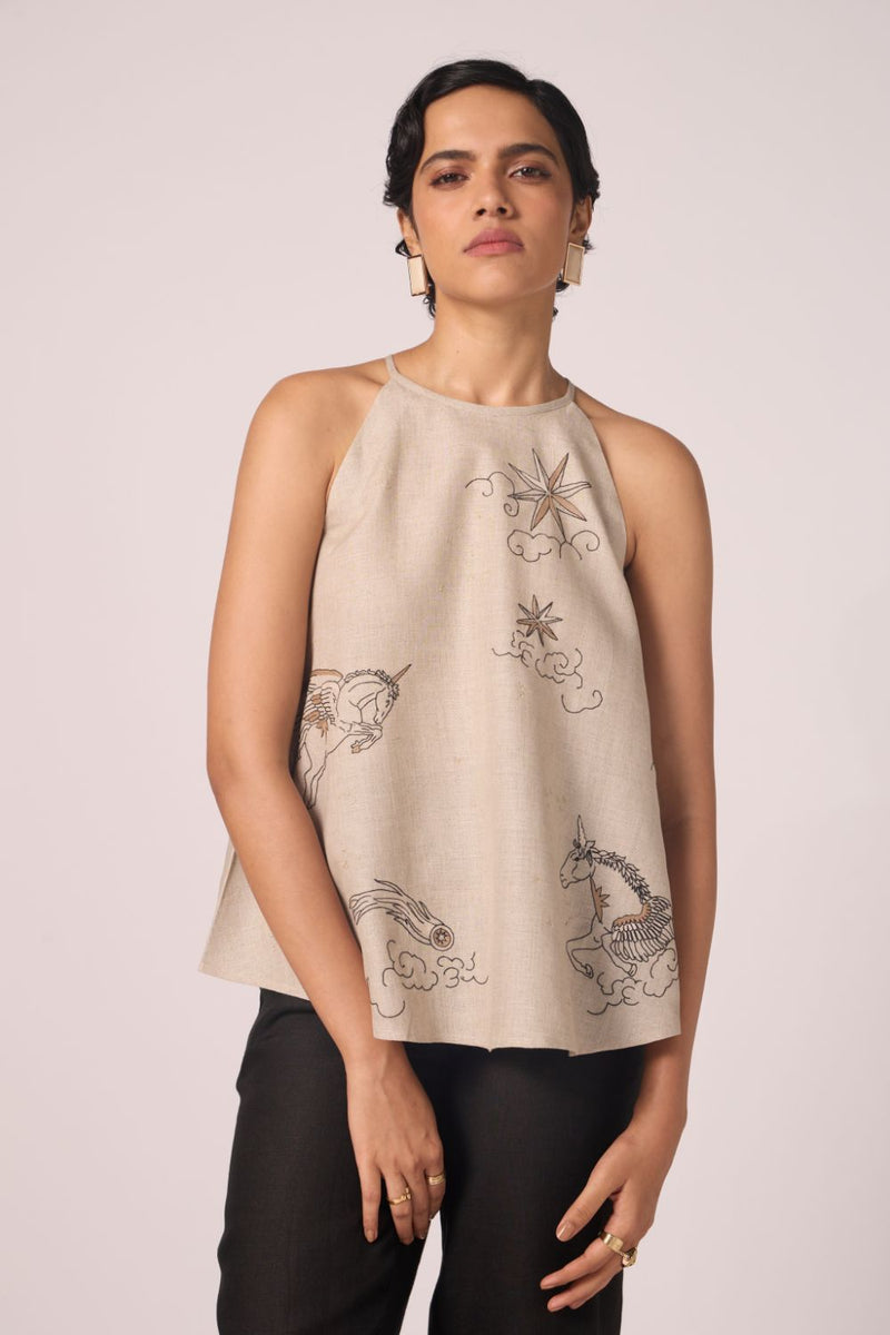 Maarah Beige Linen Halter Top linen by The Summer House in beige color for women in Singapore