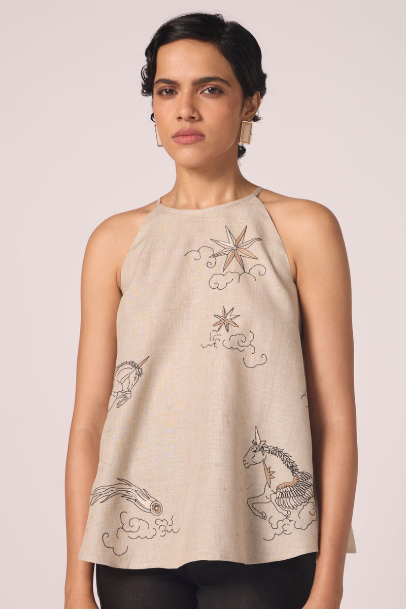 Maarah Beige Linen Halter Top linen by The Summer House in beige color for women in Singapore