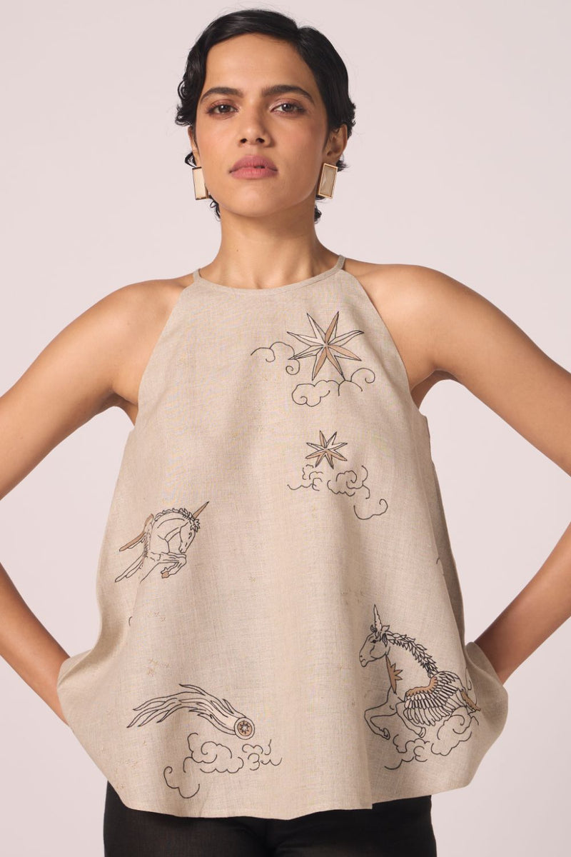 Maarah Beige Linen Halter Top linen by The Summer House in beige color for women in Singapore