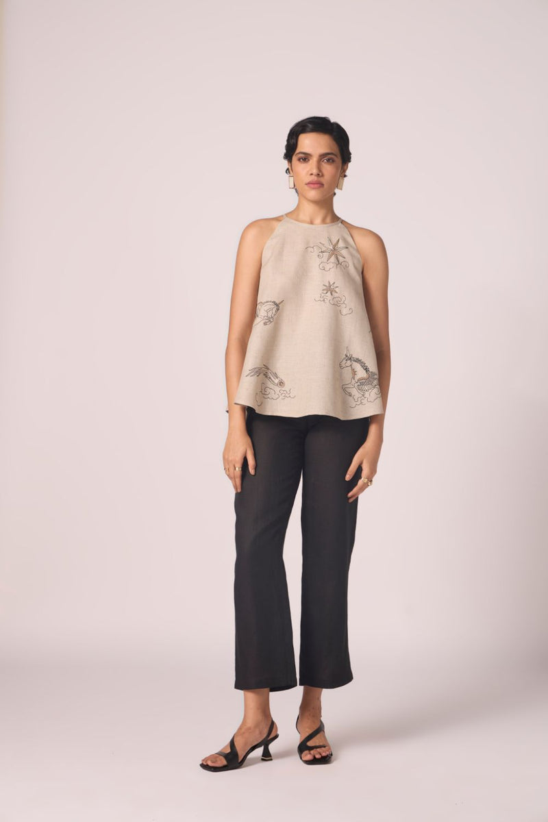 Maarah Beige Linen Halter Top linen by The Summer House in beige color for women in Singapore
