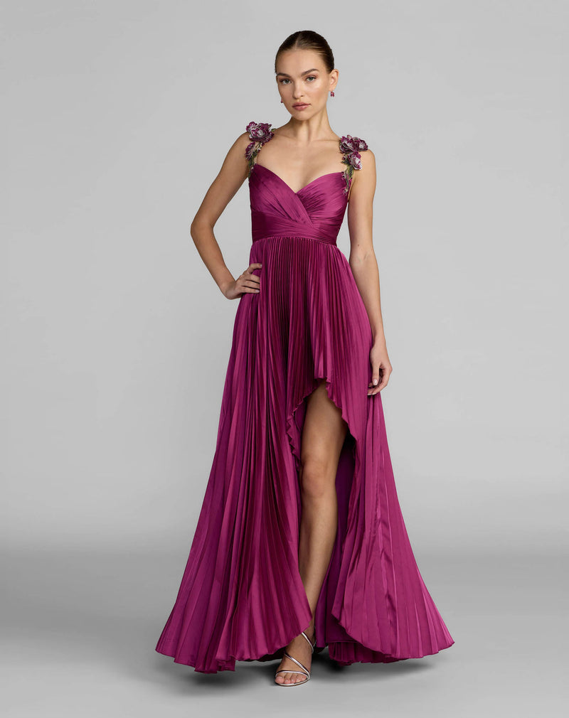 13263-Magenta Pleated High Low Gown With 3D Floral Straps polyester evening-gowns by Mac Duggal in pink for women in Singapore